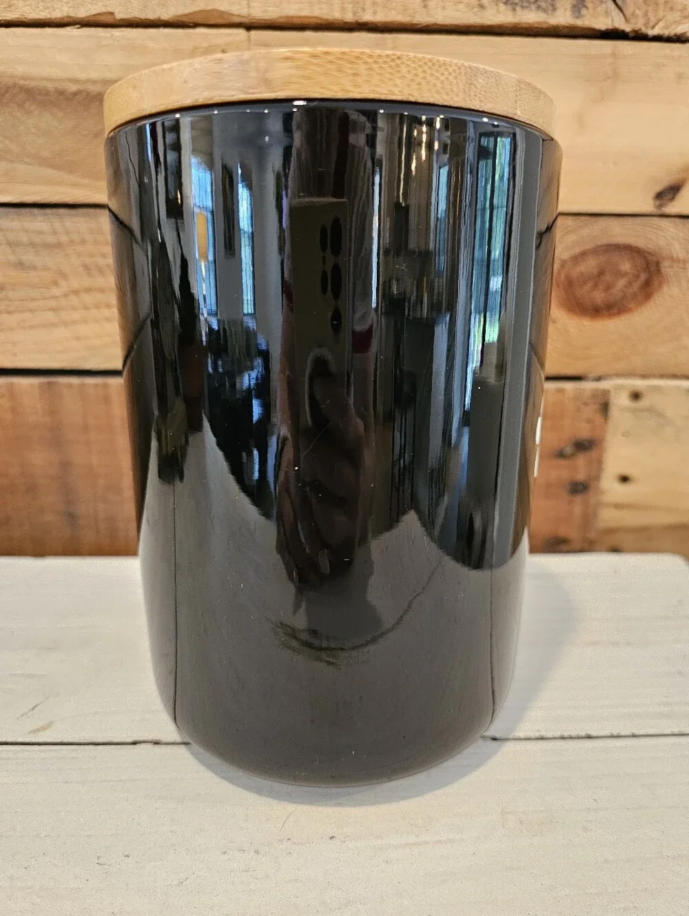 Signature Housewares Black Ceramic Dog/Cat Treat Jar w/Bamboo Lid